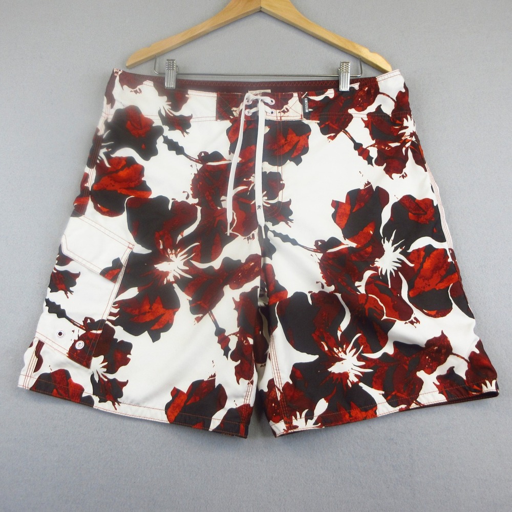Mossimo Board Shorts Mens 38 White Red Black Bold Floral Loose Swim Surf Skate